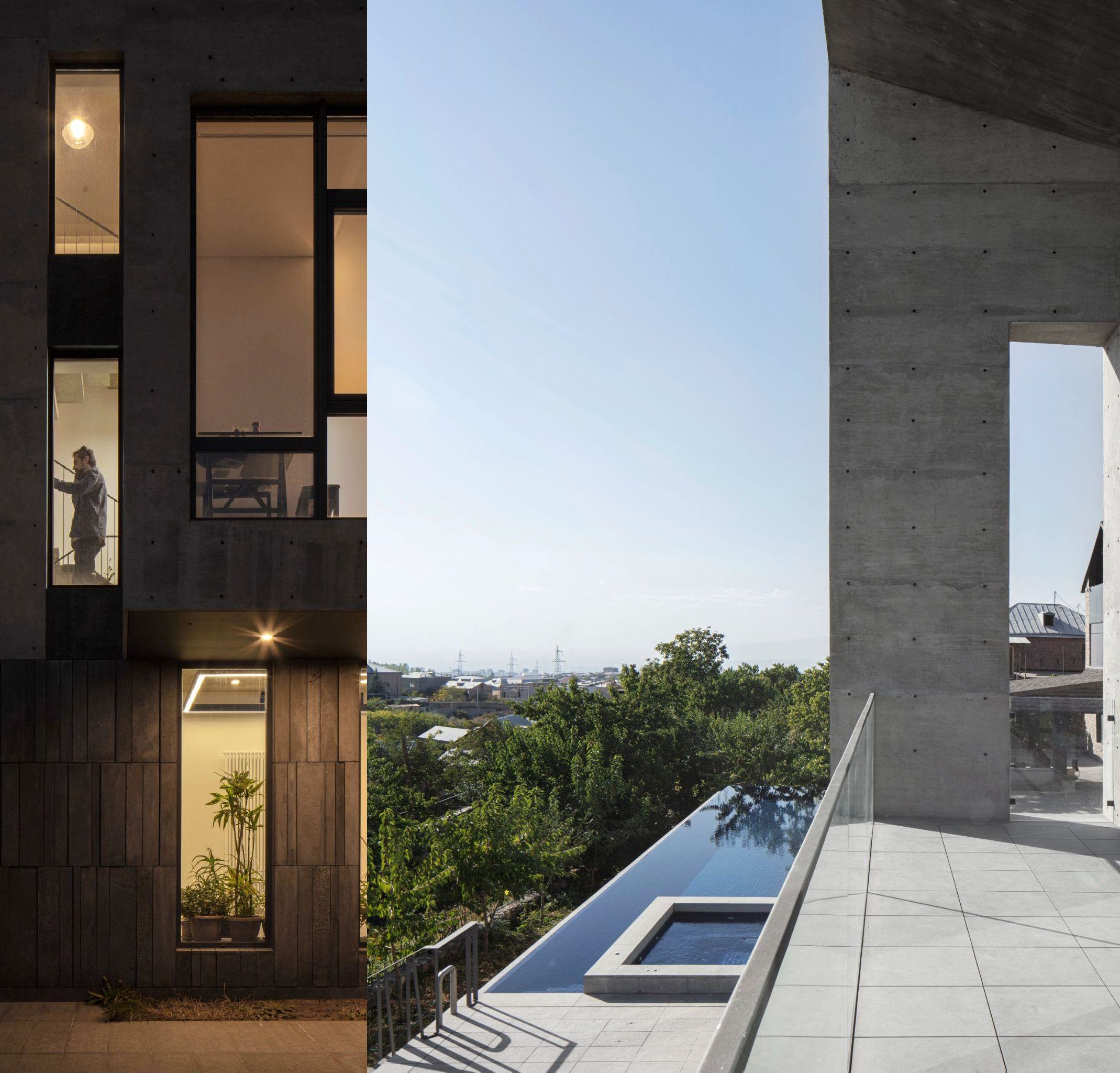 Facade, pool terrace and concrete passage