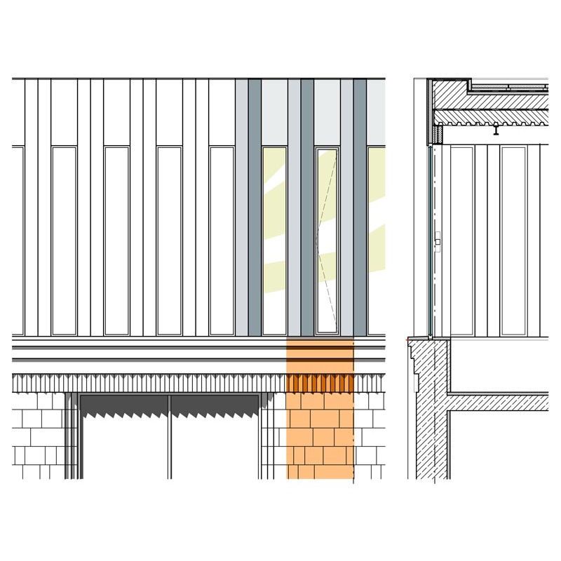Façade detail and section through the new floor
